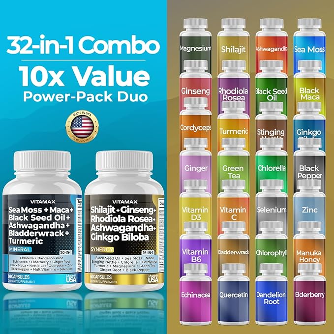 Vitamax Pure Himalayan Shilajit Supplement Sea Moss Ashwagandha Bladderwrack Gingko Biloba Organic Capsules &amp Trace Mineral for - Non-GMO - Vegan - Men and Women – Made in USA