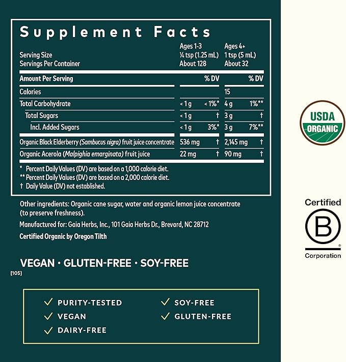 Gaia Herbs Black Elderberry Syrup - Made with Organic Black Elderberries (Sambucus nigra) for Immune System Support* - USDA Certified Organic Formula - 5.4 Fl Oz (About 32 to 128 Servings)