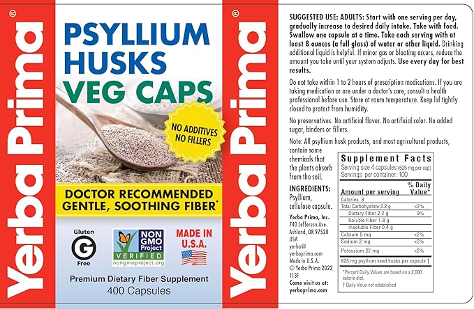 Yerba Prima Psyllium Husks Veg Caps 400 Capsules (625mg) (Pack of 2) - Vegan Non-GMO Gluten Free Colon Cleanser Daily Fiber Supplement for Gut Health &amp Regularity