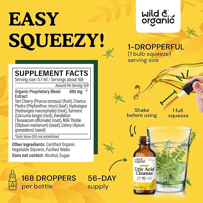 Wild &amp Organic Uric Acid Cleanse Liquid Drops - Tart Cherry Turmeric Celery Chanca Piedra Dandelion Root Extract Complex - Uric Acid Supplement - Vegan Sugar &amp Alcohol-Free Tincture - 4 f