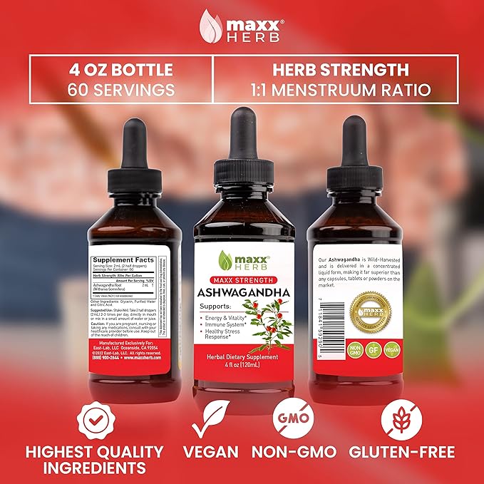 Maxx Herb Ashwagandha Extract – Max Strength Liquid Tincture Absorbs Better Than Capsules or Powder - for Stamina Memory &amp Immune Support - 4 Oz Bottle (60 Servings)