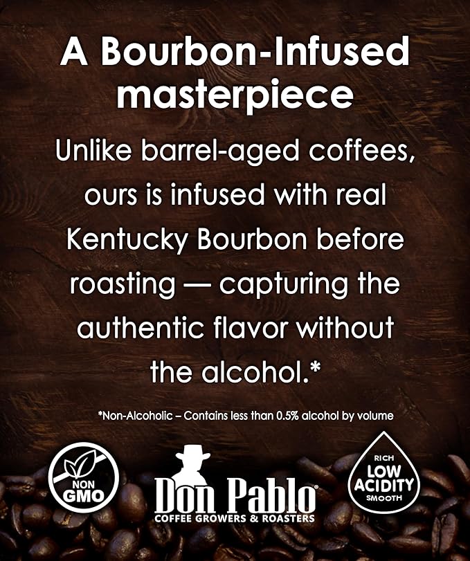 Don Pablo Bourbon Infused Coffee – Medium Roast 100% Arabica Whole Bean Real Bourbon Infused Low Acidity Non-GMO Small-Batch Roasted Specialty Gourmet Coffee 18 oz Bag (510 g)
