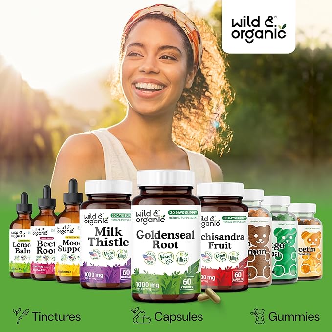 Wild &amp Organic Goldenseal Root Capsules 1000mg - Immune &amp Lung Support - 60 Goldenseal Root Powder Capsules - 30 Days Supply - Vegan No Fillers Non-GMO