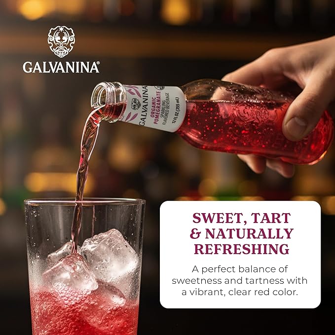 Galvanina Pomegranate – Premium Organic Italian Sparkling Soda 12 fl oz (12 Glass Bottles) | Made with Organic Mediterranean Pomegranates Naturally Refreshing Italian Soft Drink.