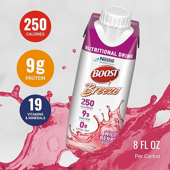 BOOST Breeze Clear Nutritional Drink - 250 Calories - 19 Vitamins &amp Minerals - 9 g Protein – Fortified with Vitamin A &amp Zinc - Wild Berry Flavor - 8 fl oz (Pack of 24)