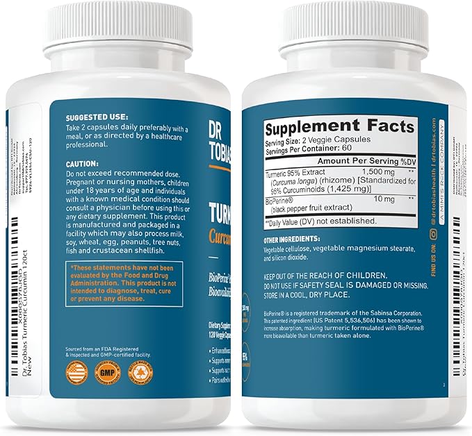 Dr. Tobias Turmeric Curcumin 1500mg with BioPerine – Extra Strength Supplement with 95% Curcuminoids for Joint Support Overall Vitality &amp Immune Health 120 Vegan Capsules Non-GMO
