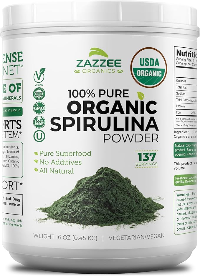 Zazzee USDA Organic Spirulina Powder 16 Ounces (1 LB) 137 Servings Certified Kosher 100% Pure Non-Irradiated Mess-Free Wide Mouth Container Fresh Smell and Neutral Taste Non-GMO Made in USA