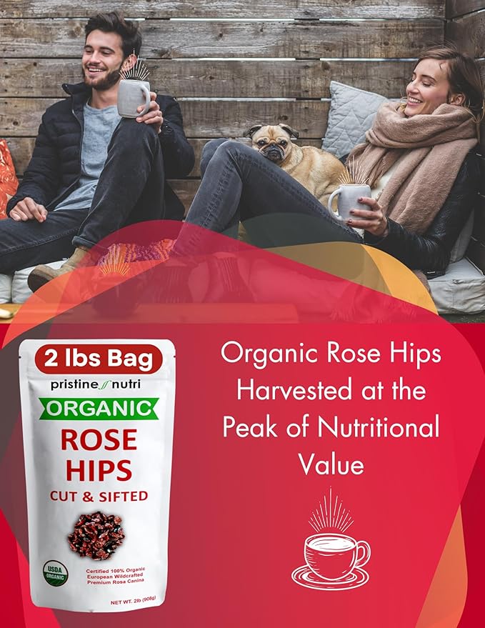 2 lb (32 oz) 100% USDA Organic Rose Hips Dried Bulk Rosehips Cut &amp Sifted Shells 95% Seedless European All Natural Makes 140 Cups of Vitamin C Rich Tea (packaging may vary)