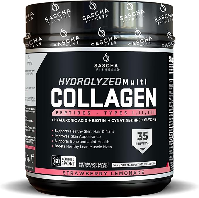 SASCHA FITNESS Hydrolyzed Multi Collagen Peptides Tipes 12 &amp 3 |Hyaluronic Acid|Biotin |Cynatine HSN|Vitamin C &amp E |for Hairs Skin &amp Bone Support|Strawberry Lemonade