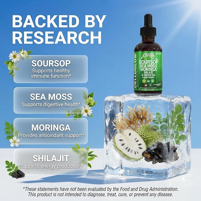 Clean Nutra Soursop Liquid Drops Sea Moss Moringa Shilajit Green Tea Vitamin D Vitamin C Garlic Supplements Grape Seed Lycopene Turmeric Root 4 Oz Immune Support &amp Cellular Health by Clean Nutra