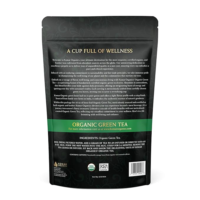 Komar Organics Loose Leaf Green Tea – 16Oz USDA Organic for Energy Boost Antioxidants – Certified Kosher Delicate Flavor Assam Tea Organic Tea Leaves Ideal for Morning Afternoon