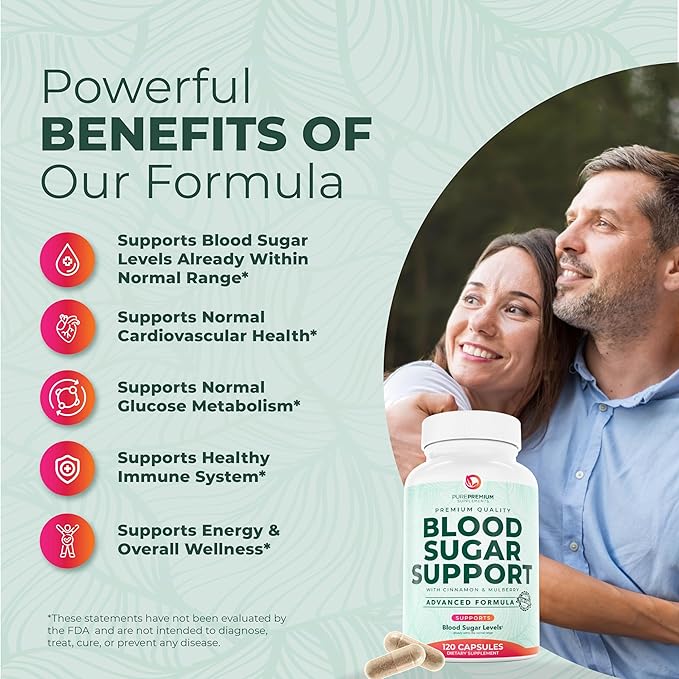 PurePremium Normal Blood Sugar Support Supplement - 20 Active Ingredients Complex to Support Blood Sugar Levels Already in The Normal Range - with Cinnamon Bitter Melon Chromium Mulberry - 120ct