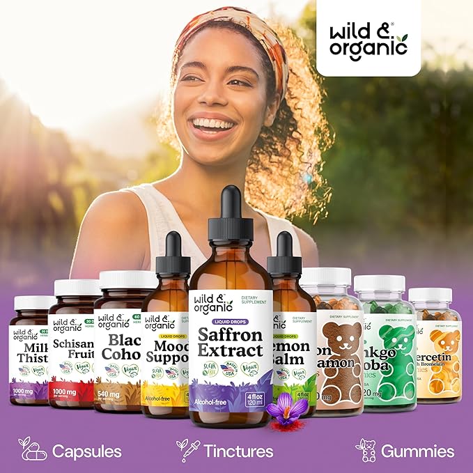 Wild &amp Organic Saffron Supplements 88.5 mg - 5-Month Supply - Saffron Extract Drops for Mood Focus Eye Support - Crocus Sativus Liquid Extract - Vegan Alcohol &amp Sugar-Free Tincture - 4 fl o