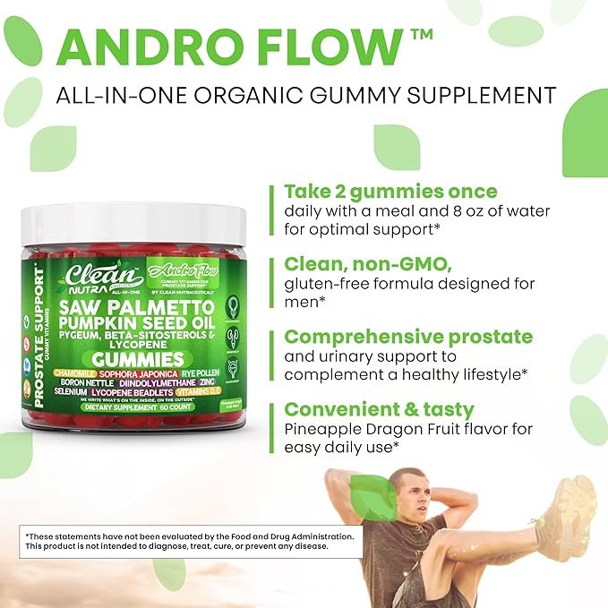 AndroFlow Saw Palmetto and Pumpkin Seed Oil Prostate Health Supplements for Men Pygeum Beta Sitosterol Lycopene Boron Zinc Selenium DIM Stinging Nettle Vitamin D 60 Gummy Supplements by Clean Nutra