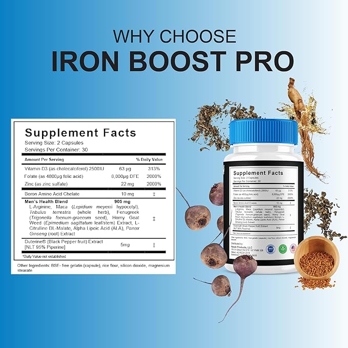 Iron Boost Pro Premium Supplement Capsules Iron Boost Advanced Health Supplement Pills Iron Boost Premium Daily Advanced Health Support and Overall Wellness Formula by Blue Vibe (60 Capsules)
