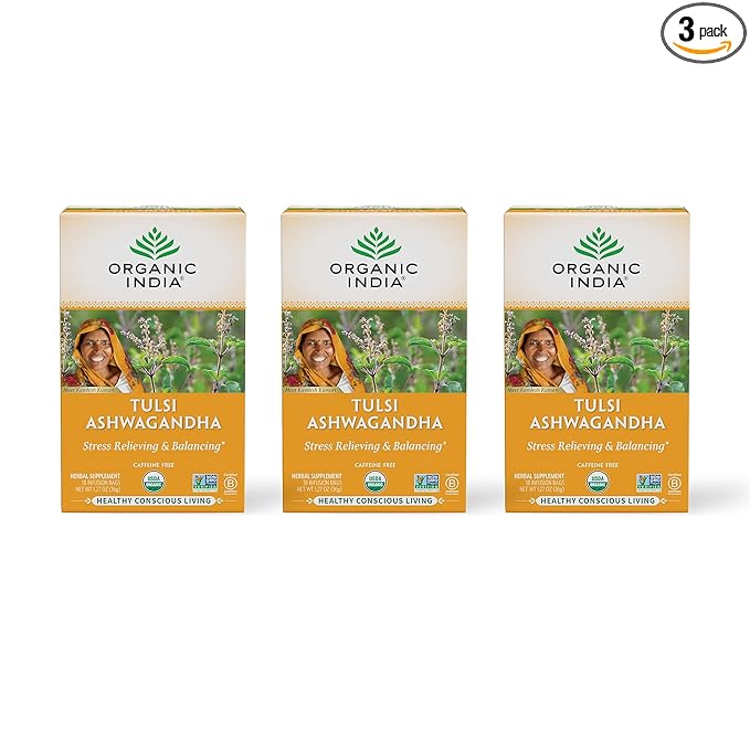 ORGANIC INDIA Calming Tulsi Ashwagandha Herbal Tea - Holy Basil Tea with Ashwagandha Root Supports Restful Sleep - Adaptogen Vegan USDA Certified Organic Non-GMO - 18 Infusion Bags 3 Pack