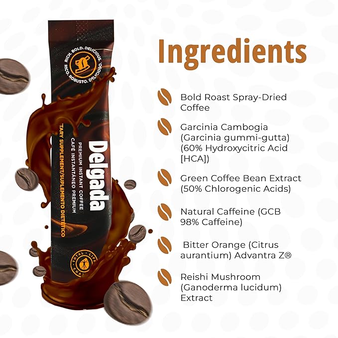 Delgada Instant Coffee - Premium Garcinia Cambogia and Ganoderma Rich Bold Taste - 30 Sachets