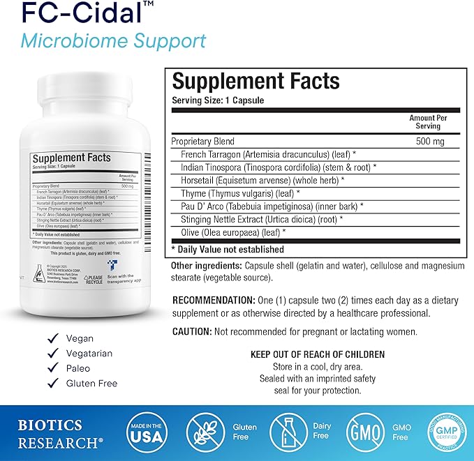Biotics Research FC Cidal™ Herbal Blend Complete GI Gut Health for Women &amp Men- 500 mg/Serving - 7 Herbs Proprietary Blend Supplement Supports Healthy GI Function and Microbial Balance 120 Capsule