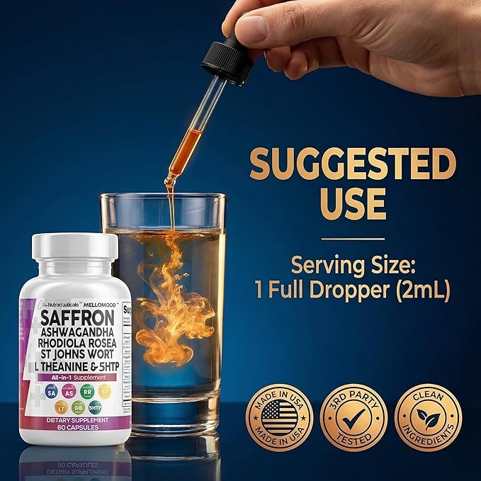 Clean Nutraceuticals Saffron Supplements Extract 100mg + Ashwagandha L-Theanine 200mg - Mood Support Ginkgo Biloba St. John's Wort Rhodiola Rosea &amp 5-HTP Capsules Pills Men Women