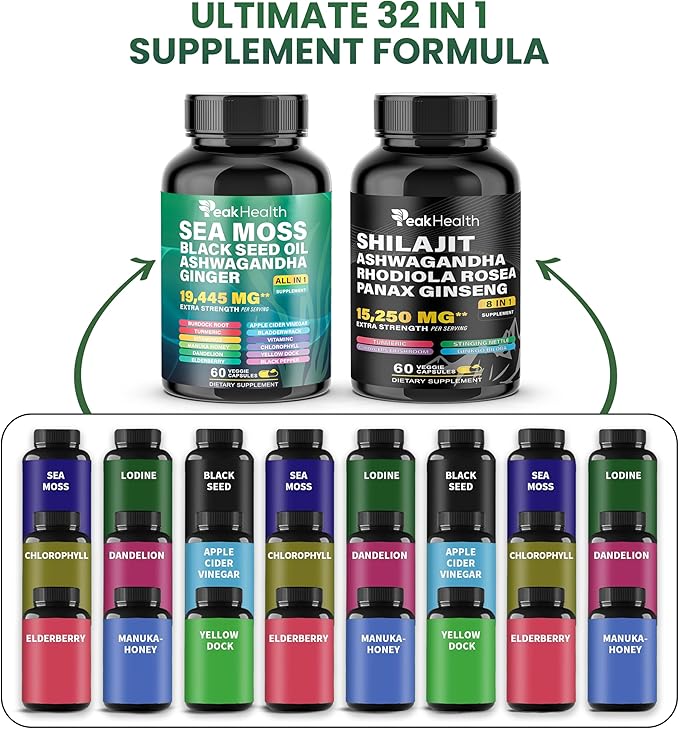 Shilajit Sea Moss Black Seed Oil Ashwagandha Capsules for Man Woman2 Bottle Combo with Turmeric Panax Ginseng Rhodiola19445mg Herbal FormulaEnergy &amp Immune Support 60 Capsules
