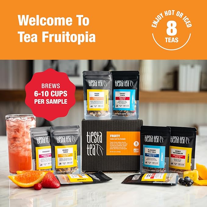 Tiesta Tea - Fruity Tea Sampler Dry Flight Set Loose Leaf No Caffeine Makes Hot and Iced Assorted Fruit Brews with Mango Peach Orange Drinks &amp More 8 Resealable Sample Pouches
