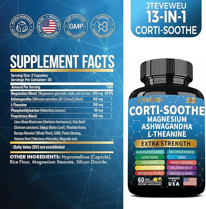 Corti-Soothe Cortisol Supplement for Women and Men with Magnesium Glycinate 200mg L-Theanine 150mg Phosphatidylserine 50mg &amp Manager Holy Basil Ginkgo Biloba Bacopa Monnieri Valerian 60 Capsules
