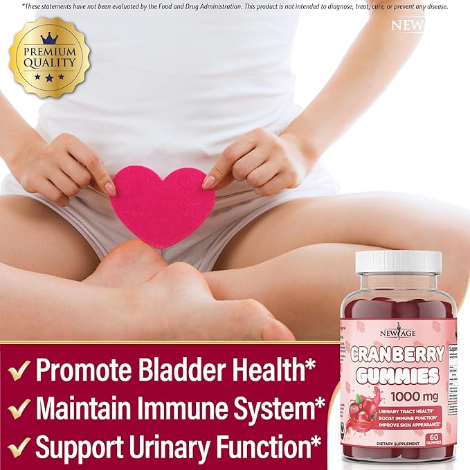NEW AGE Cranberry Gummies Urinary Tract Health Gummies 1000mg - Supports Bladder Kidney UTI - Vegetarian (Cranberry 60 Gummies)