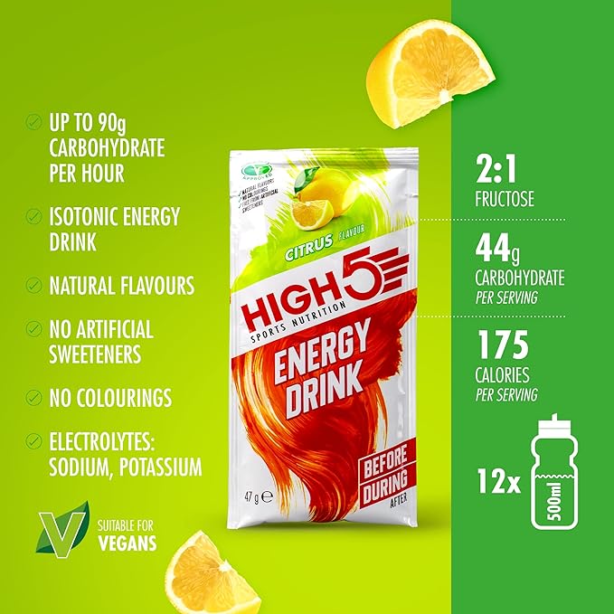 HIGH5 Energy Hydration Drink Refreshing Mix of Carbohydrates and Electrolytes (Citrus 12 x 47g)