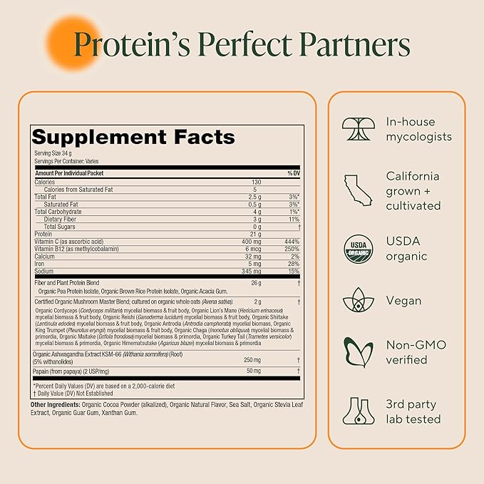 OM MUSHROOM SUPERFOOD Master Blend Vegan Protein – Organic Vanilla Plant Protein with 10 Mushrooms Ashwagandha BCAAs &amp B12 – Energy Recovery &amp Immune Support – 10 Single Serves