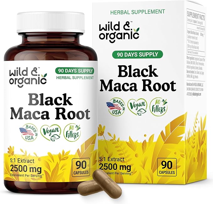Wild &amp Organic Black Maca Root Capsules for Men &amp Women 500 mg - Maca Root Extract for Overall Support - 90 Vegan Capsules - Women &amp Men Supplement - 90 Days Supply - Non-GMO No Fillers