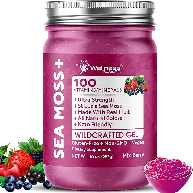 WELLNESS LABSRX Irish Sea Moss Gel Raw - Wildcrafted Superfood Seamoss Gel - Mix Berry Flavor Vitamin and Mineral-Rich from Pristine Caribbean Waters Immune and Digestive Health Support - 10 oz.