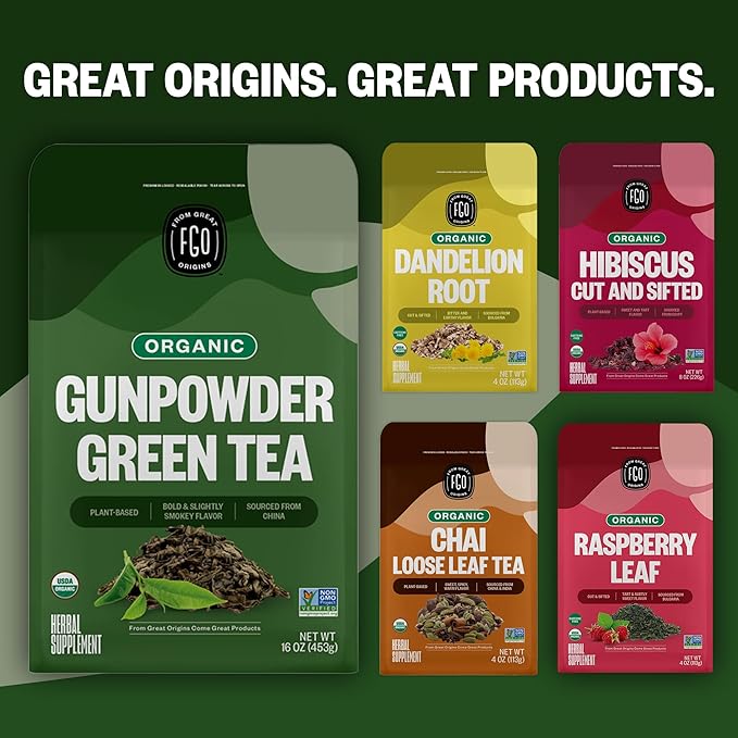 FGO Organic Gunpowder Green Tea Loose Leaf 16oz Bulk Resealable Bag Packaging May Vary (Pack of 1)