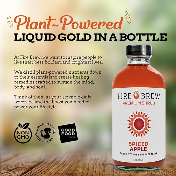 Fire Brew Premium Shrub – Spiced Apple Shrub | 16 Concentrated Servings of Organic Ingredients for Cozy Sweet Tart Flavor with Apple Cinnamon Ginger Cardamom Clove and Honey – 8oz