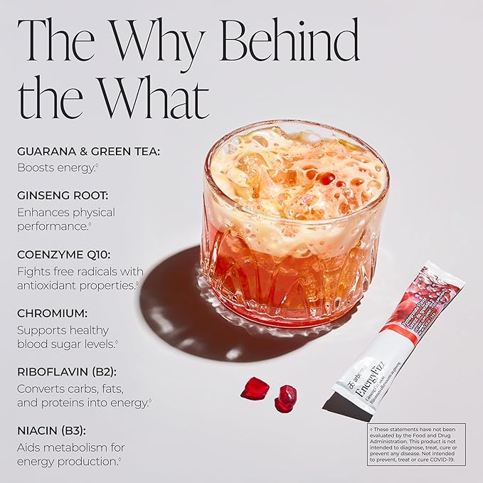 Arbonne Ginseng Energy Supplements - PomegranateFlavor Fizz Sticks Energy Boost with Caffeine Powder from Guarana and Green Tea Delicious Alternative to Caffeine Pills