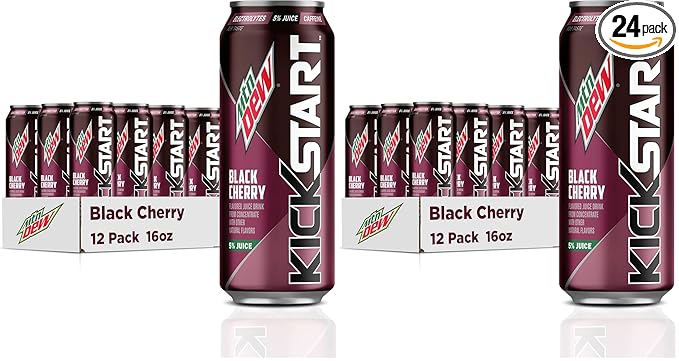 Mountain Dew Kickstart Black Cherry 92mg Caffeine Vitamins B &amp C 80 Calories 5% Juice 16 fl oz(Pack of 24)