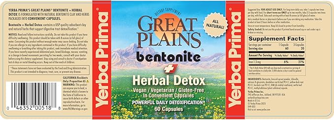 Yerba Prima Bentonite Clay Plus Herbal Detox 60 Veggie Capsules (Pack of 2) - Use Long Term or as Rapid Detox Premium Quality Ingredients Powerful Daily Detoxification Great Plains Bentonite