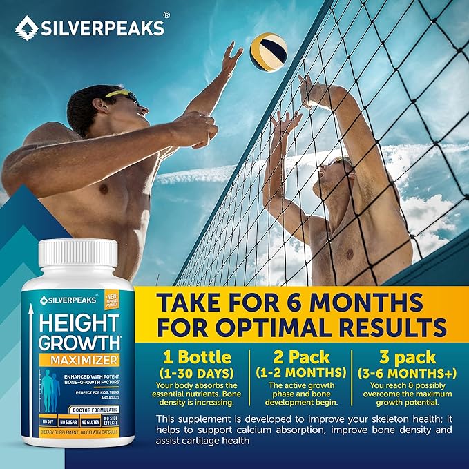 SILVERPEAKS Growth Capsules to Grow Taller - Height Growth Maximizer with Calcium for Bone Strength - Made in USA - Natural Get Taller Supplement - Free of Growth Hormone - Pack of 3