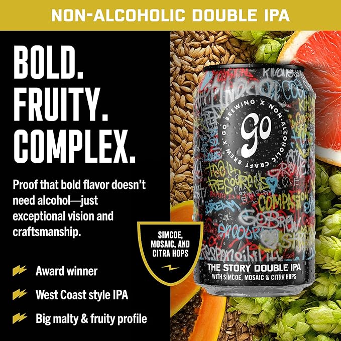 Go Brewing - Not Just Another Story Double IPA - Non-Alcoholic Craft Brew - Small Batch Low-Calorie - Bold Grapefruit &amp Tropical Papaya Flavor - Smooth Finish Classic Ingredients (12 Oz 12 Cans