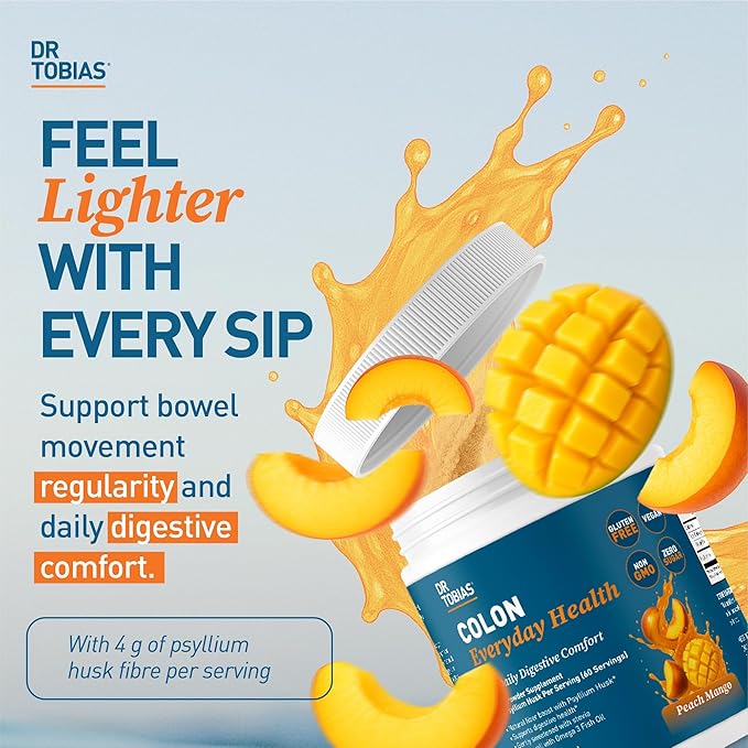 Dr. Tobias Colon Everyday Health - Gut Health for Women &amp Men - Psyllium Fiber Powder Drink with 4g Psyllium Husk Powder per Serving Vegan Gluten Free Non-GMO Peach Mango 60 Servings