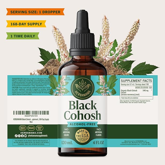 HERBAMAMA Black Cohosh Tincture - Vegan Women's Support with Black Cohosh Root Extract Drops - Non-GMO Alcohol &amp Sugar-Free Liquid Herbal Supplement 168-Day Supply