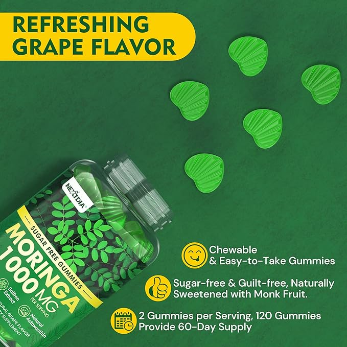 Moringa Gummies 1000mg - Organic Moringa Ashwagandha Spirulina Saffron Natural Astaxanthin 4mg &amp B12 - Nature's Multivitamin for Women &amp Men Energy Gut Skin &amp Mood Support Sugar-Fr