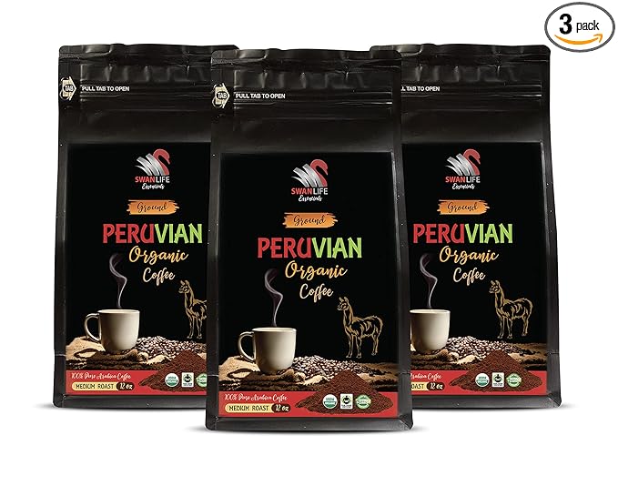 ground coffee gift - PERUVIAN GROUND ORGANIC COFFEE fair trade 100% arabica medium roast low acidity - peru medium roast coffee 3 Bags (36 OZ)