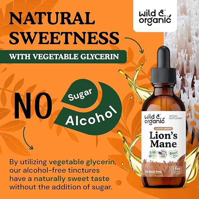 Wild &amp Organic Lions Mane Liquid Drops - Focus &amp Brain Support - Lions Mane Supplement - Hericium Erinaceus Mushroom Extract Tincture - Vegan Alcohol &amp Sugar-Free - 2 fl oz