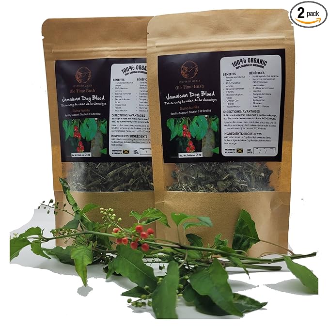Jamaican Dog Blood Organic Tea (Rivina Humilis) – 4oz (2 x 2oz) – 100% Natural Dried Herbal Leaves – Organic Traditional Jamaican Bush Tea for Adults 18+ – Inspired Gems
