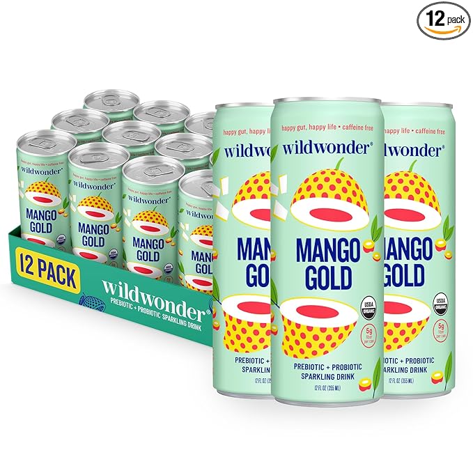 wildwonder Sparkling Probiotic Drink 12pk For Gut Health &amp Immune Support Mango Gold 5g Prebiotic Fiber Live Probiotics Organic Vegan Low Sugar 12 Pack 12oz Can As Seen on Shark Tank