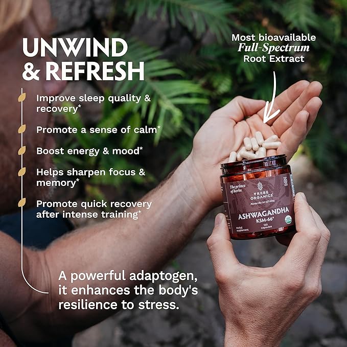 TRIBE ORGANICS Ashwagandha KSM 66 Pure Organic Root Powder Extract Ayurvedic Supplement - Focus Mood Support Increase Energy Strength 600mg of Natural KSM66 for Superior Absorption - 120 Capsules