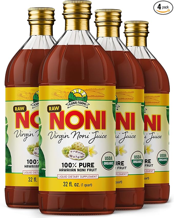 Virgin Noni Juice - RAW (Unpasteurized) 100% Pure Organic Hawaiian Noni Juice - 4 Pack of 32oz Glass Bottles