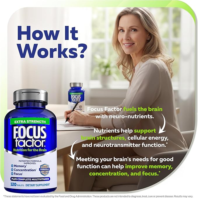 Focus Factor Adults Extra Strength 120 Count - Brain Supplement for Memory Concentration and Focus - Complete Multivitamin with DMAE Vitamin D DHA - Trusted Health Vitamins (Pack of 2)