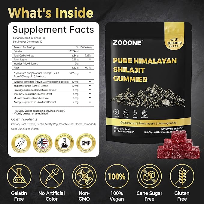 zooone Shilajit Himalayan Gummies with Ashwagandha &amp Black Musli - Natural Energy No Artificial Fillers Individual Packaging