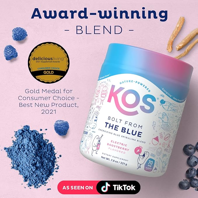 KOS Energizing Blue Spirulina Blend - USDA Certified Organic - B Vitamins Ashwagandha Ginseng Adaptogens Biotin - Vegan Pre Workout Powder - Caffeinated Berry Flavored 28 Servings